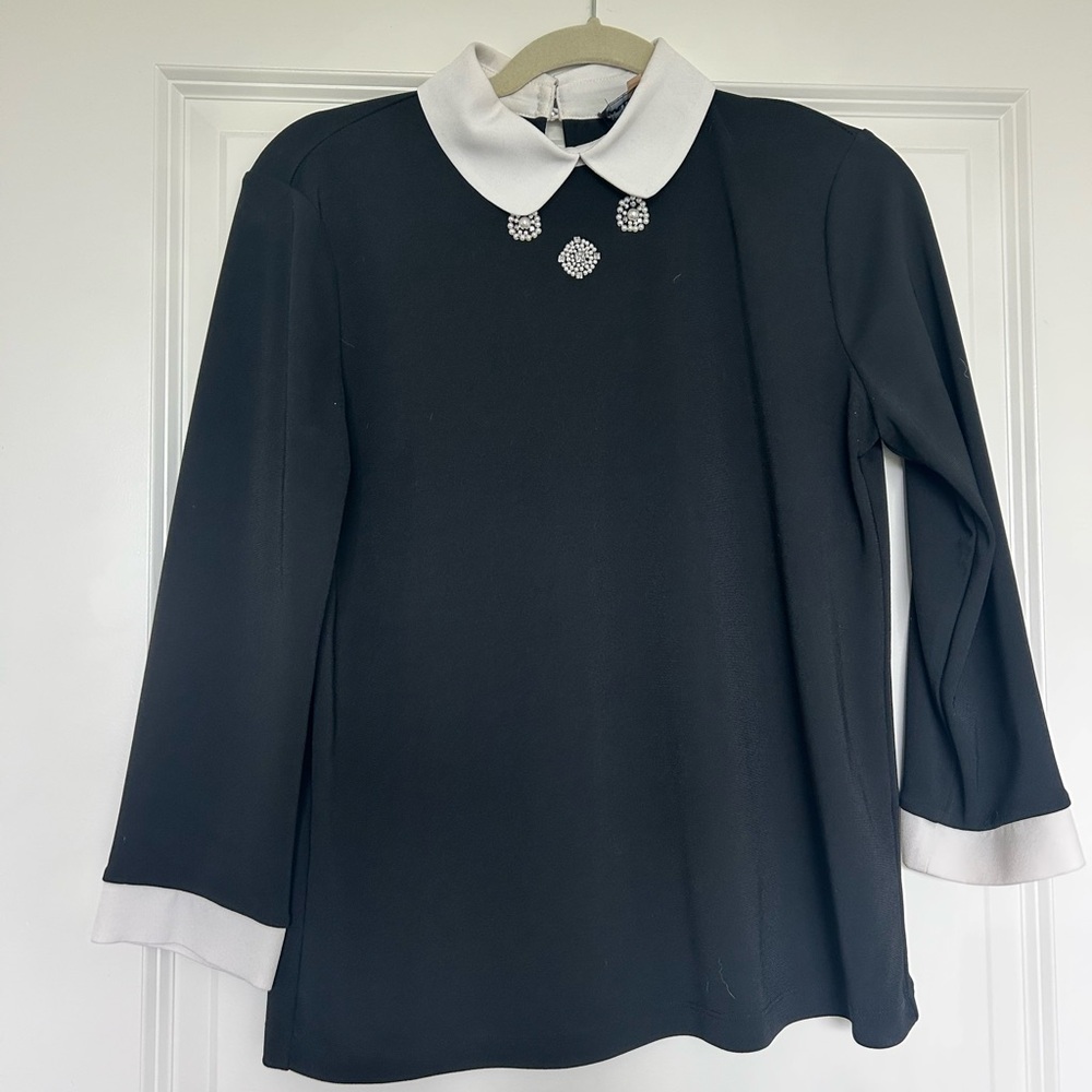 Karl Lagerfeld Black Long-Sleeve Top with White Collar and Jewel Accents